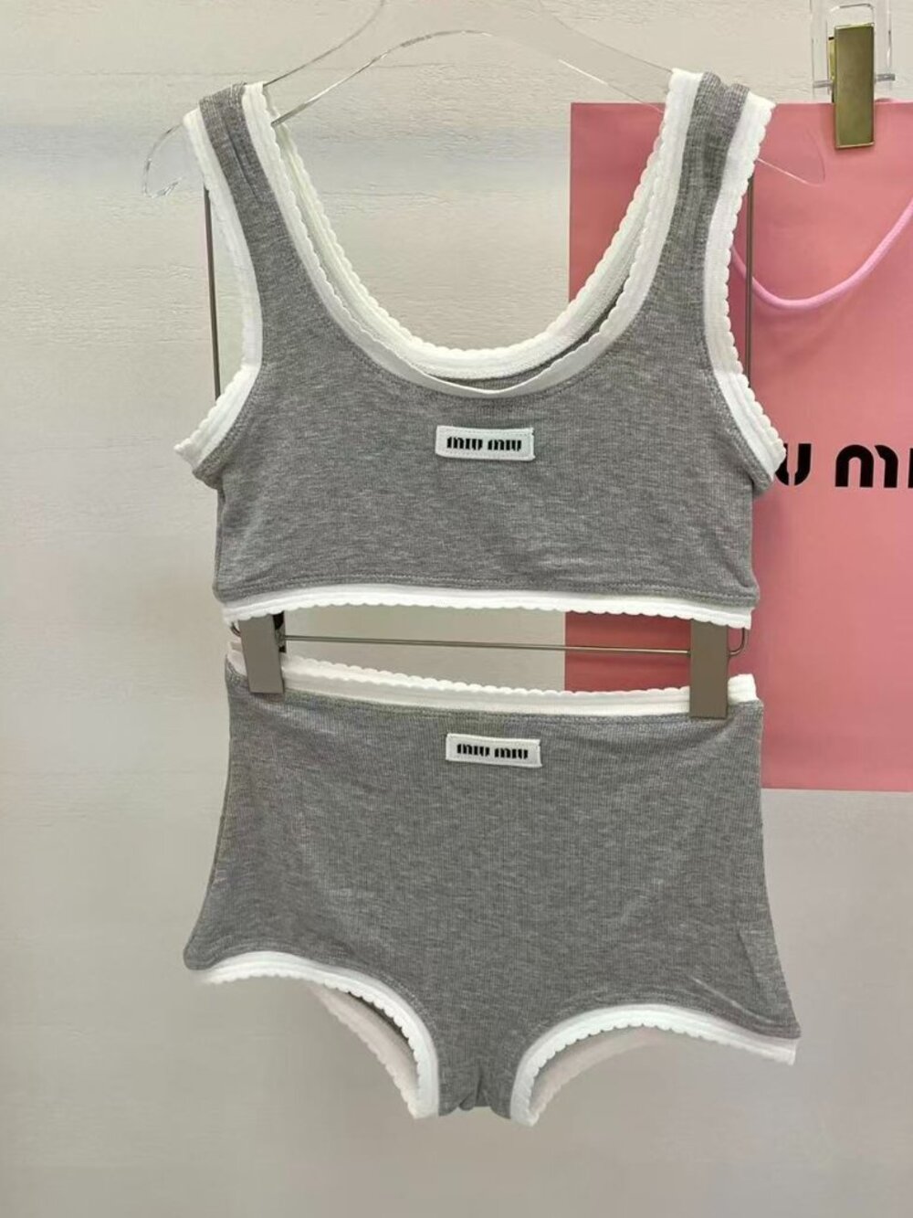 MIUMIU Knitted Grey Swimsuit Two-Piece Set, Size M